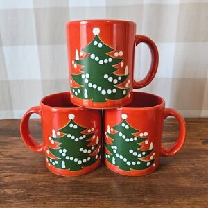 Vtg 80s Waechtersbach Christmas Tree Red Mugs Set of 3 West Germany Ceramic